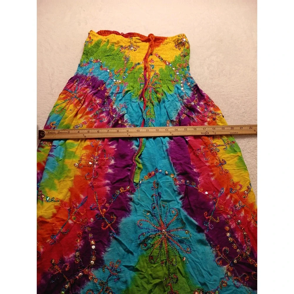 Boho Rainbow Tie Dye Smocked Sequin Embroidered Maxi Skirt Festival Dress NWOT